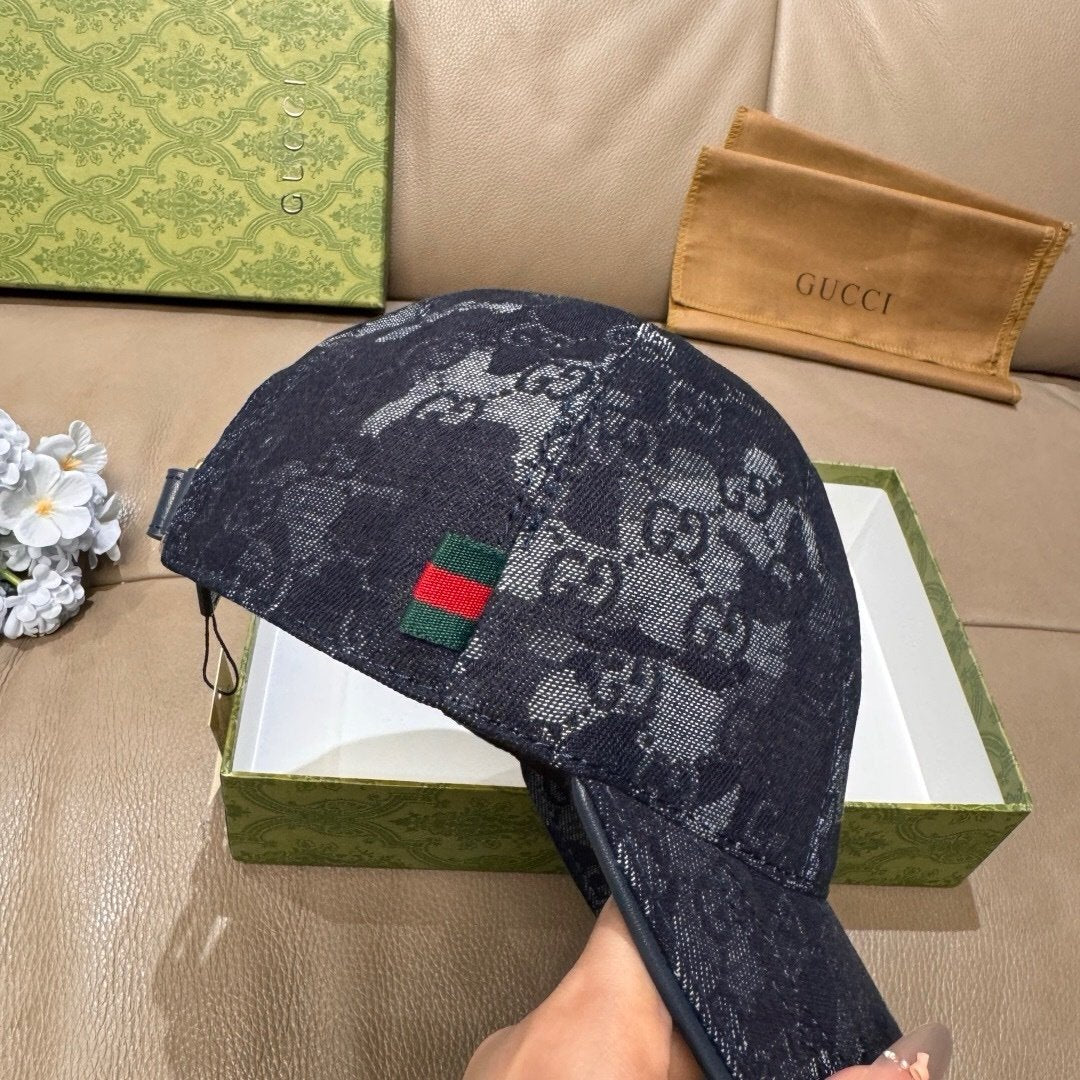 Gucci GG Denim Baseball Cap With Web Dark Blue