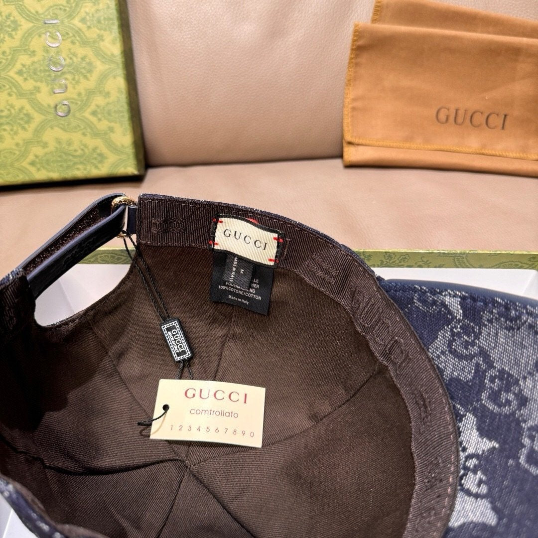 Gucci GG Denim Baseball Cap With Web Dark Blue